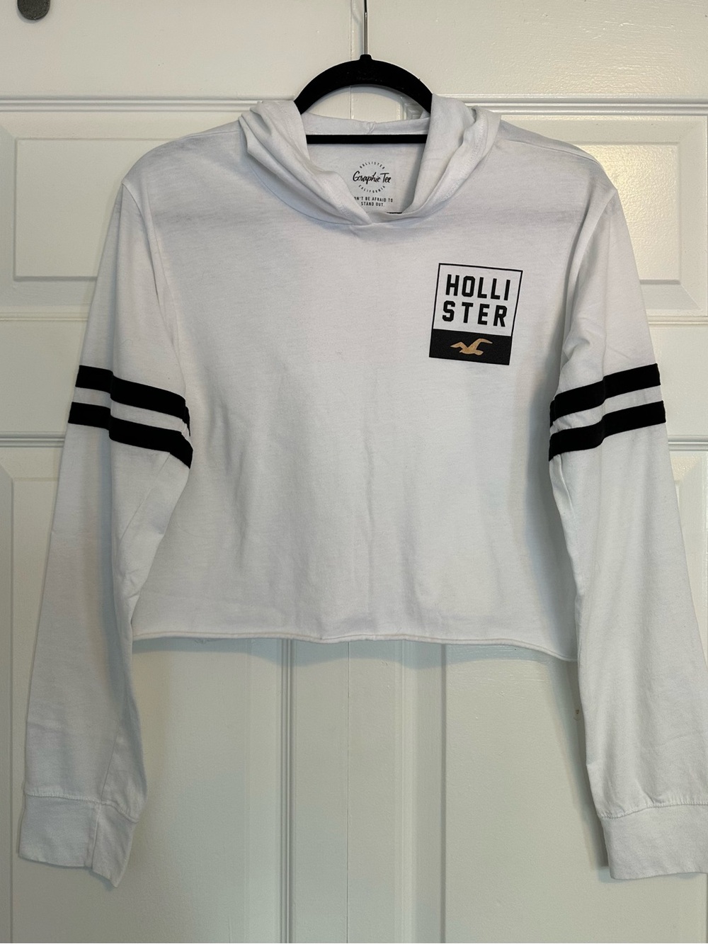 Hollister White Cropped Hoodie with Black Sleeve Stripes